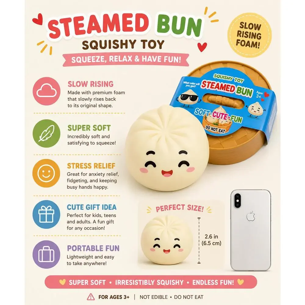 Steamed Bun Squishy Toy – Slow Rising Stress Relief Fidget | Cute Bao Bun Squee